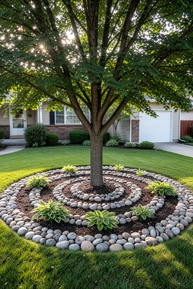 A small front yard with a mature shade tree. Around the base of the tree, a 4-foot diameter circle of river rocks arranged in a spiral pattern, alternating sizes. No grass near the trunk. A few hostas planted in pockets within the rock swirl. Morning light.