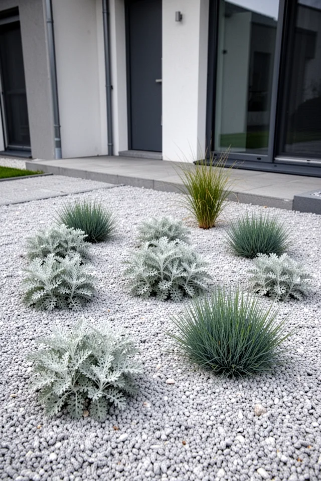 A small front yard with a single color of pale gray gravel covering the entire area. Emerging from the gravel are clusters of silver-leaved plants—artemisia, lamb