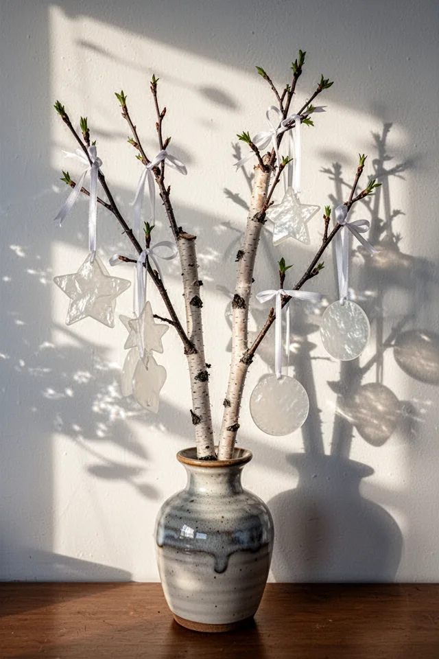 16 Capiz Shell Decor Ideas For A Dreamy Coastal Summer A small indoor birch branch displayed in a ceramic vase, with capiz shell ornaments hanging from the branches on white ribbon. The shells are star-shaped and round. Afternoon sunlight creates dappled light on a white wall. Coastal, airy mood.
