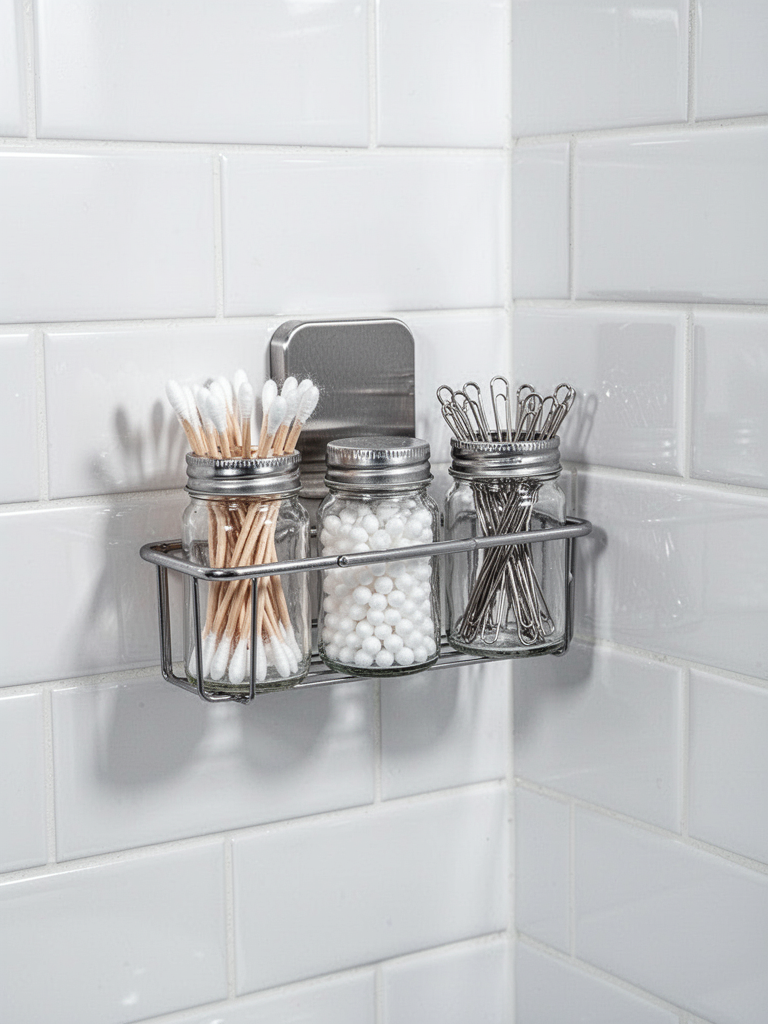 A small magnetic metal rack attached to a white subway tile wall. The rack holds three small glass bottles with metal lids: one with cotton swabs, one with Q-tips, one with bobby pins. The rack is held by a strong magnet on the back against the tile. The tile is glossy, the bottles cast soft shadows. Bright, clean bathroom lighting.