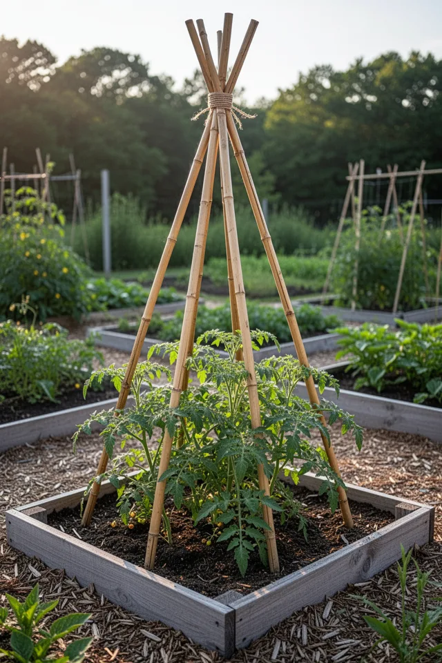 A small raised bed with a teepee made of four 6-foot bamboo poles tied together at the top with twine. A determinate tomato plant grows around the base, supported by the poles. Morning light, neat garden, mulch visible on soil.