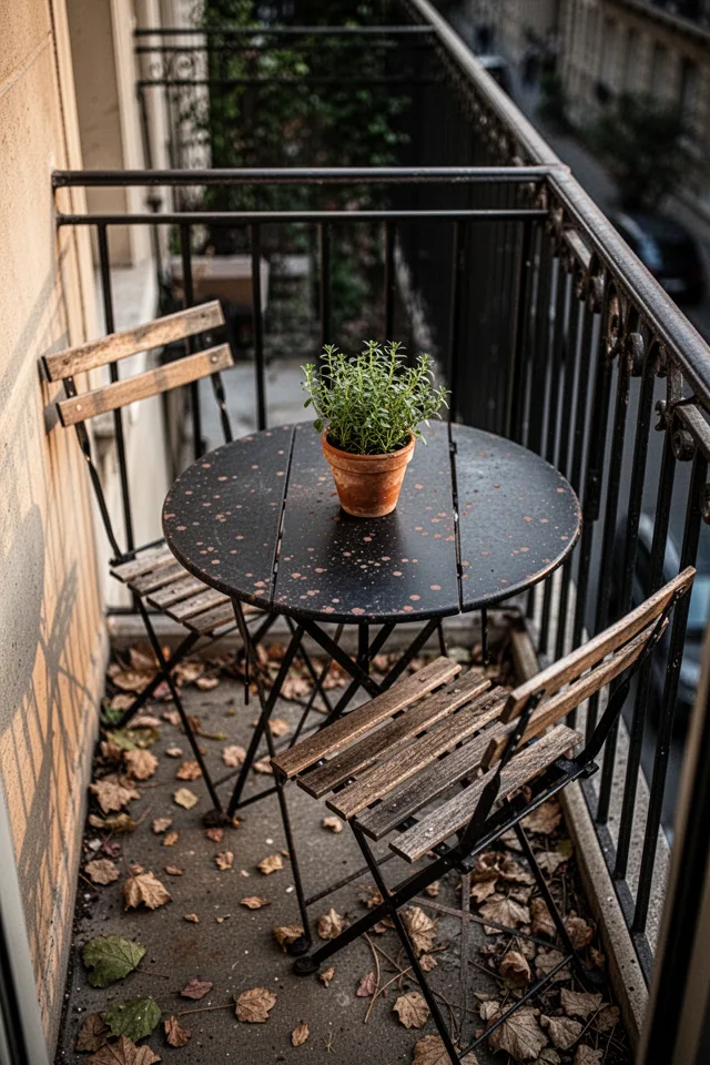 18 Cozy Patio Ideas To Enjoy This Summer A small round bistro table, with a foldable top, set against a railing. One chair pulled up, a single potted herb on the table. The metal is black with slight rust speckles. Late afternoon light, narrow balcony. Shot from above, showing the dropped leaves on the ground.
