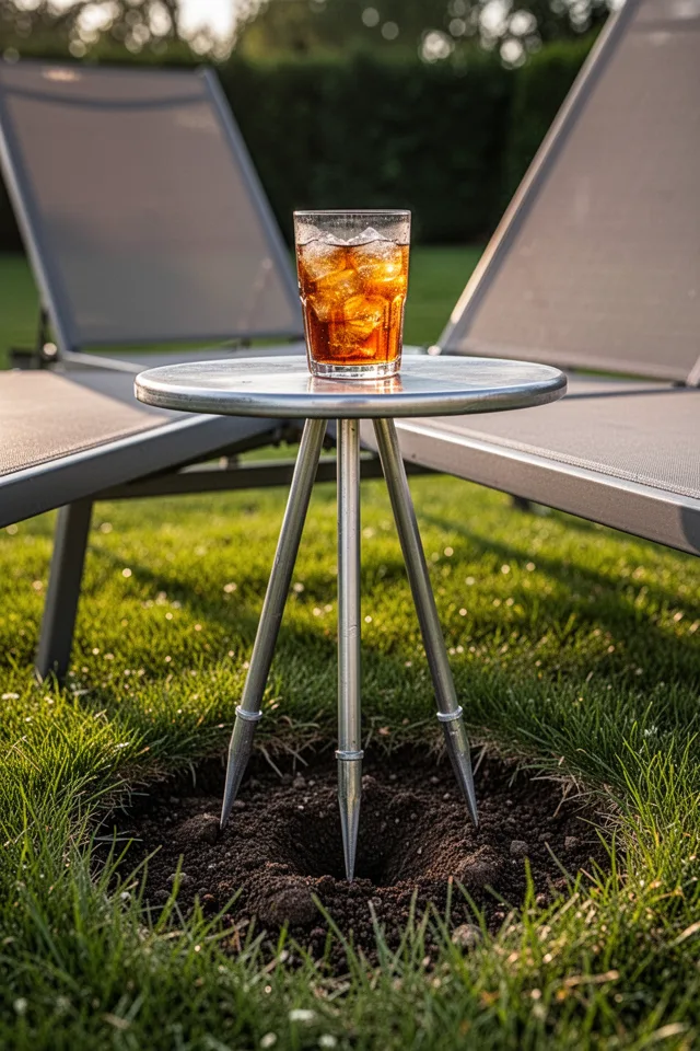 18 Cozy Patio Ideas To Enjoy This Summer A small round metal table with three legs, each ending in a point that drives into the ground. It’s set into the lawn next to a lounge chair. A glass of iced tea sits on top. Late afternoon sun, grass around the base. Shot from low angle, showing the spikes in the soil.