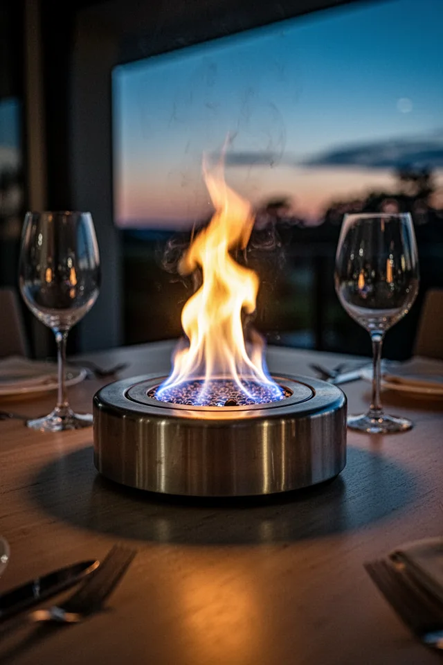 18 Cozy Patio Ideas To Enjoy This Summer A small round tabletop firepit, sitting on a dining table. The flame burns clean, no smoke, just a blue-yellow glow. Two wine glasses nearby. Twilight, the fire is the only light. The base is brushed stainless steel. Shot from low angle, flame in focus.