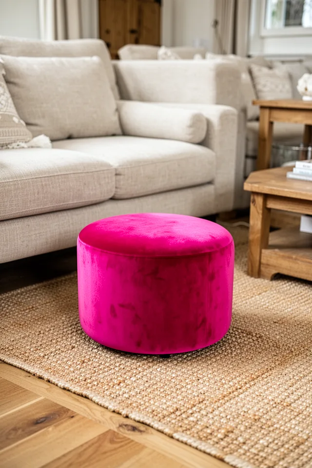 A small round velvet ottoman in bright raspberry pink placed on a jute rug near a neutral sofa. The ottoman is low, plush, and seems to float in the neutral sea. The room