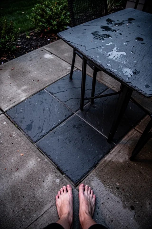 18 Cozy Patio Ideas To Enjoy This Summer A small square of slate tiles set into a concrete patio, forming a small platform for a dining table. The slate is dark grey, rough-textured. Bare feet next to the table. Late evening, the surface looks damp but it’s just the color. Shot from above, showing the contrast between concrete and slate.