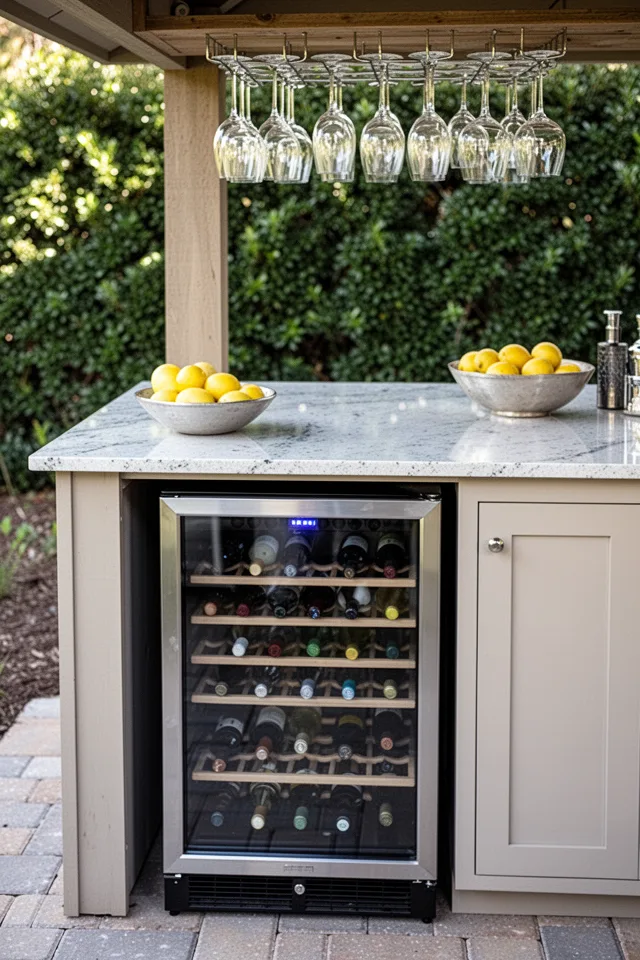 A small wine fridge sits under the counter of an outdoor bar. The fridge has a glass door, and you can see several bottles arranged in the racks. Above the counter, a hanging rack holds wine glasses by the stem. The counter itself is a polished quartz, and a bowl of lemons sits to the side. The fridge is tucked into a shaded spot.
