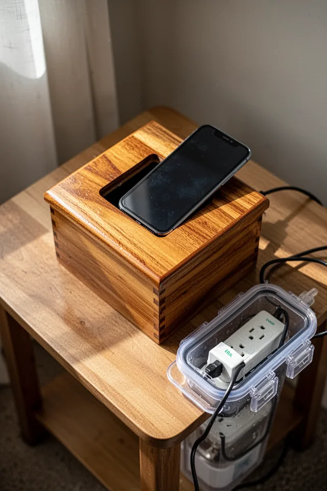 18 Cozy Patio Ideas To Enjoy This Summer A small wooden box with a slot cut in the top, sitting on a side table. A phone is partially inserted, screen facing up. Beside it, a cord leads to a hidden power strip inside a waterproof enclosure. Morning light, the box has a clear coat that looks fresh. Shot from above.