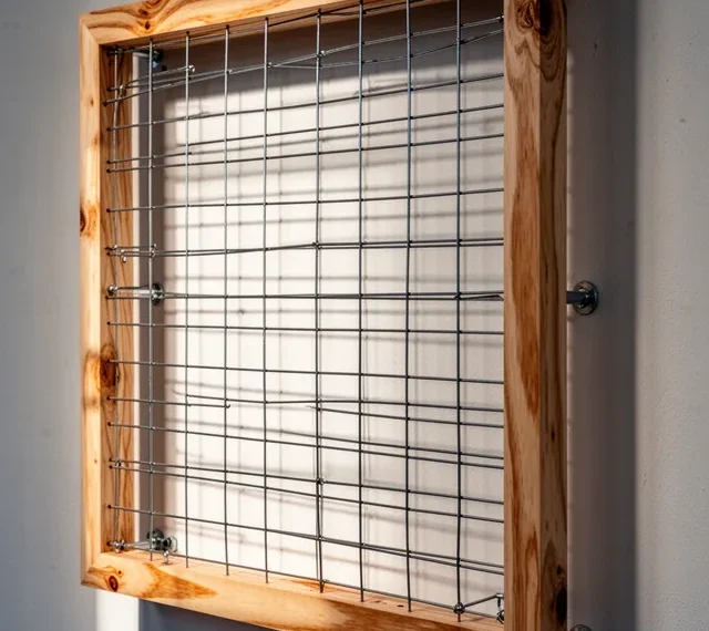 A square cedar frame—roughly 4x6 feet—with a taut grid of galvanized steel wire stretched across it. The frame is lightl