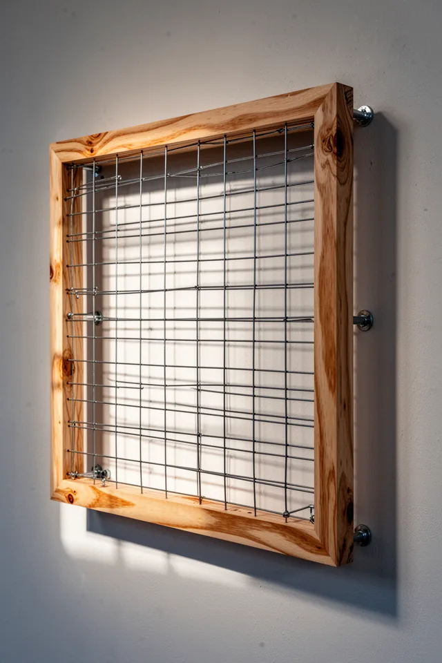 A square cedar frame—roughly 4x6 feet—with a taut grid of galvanized steel wire stretched across it. The frame is lightly oiled, not stained. The wire is black, not silver. The whole thing is mounted an inch off the wall on zinc spacers so it casts a sharp, deliberate shadow. Early morning light catches the wire like a musical staff.