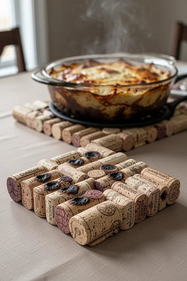 A square trivet made of wine corks glued together side by side, sitting on a dining table under a hot casserole dish. The corks are a mix of brands, showing different stains and burn marks from previous use. Natural daylight, neutral background.