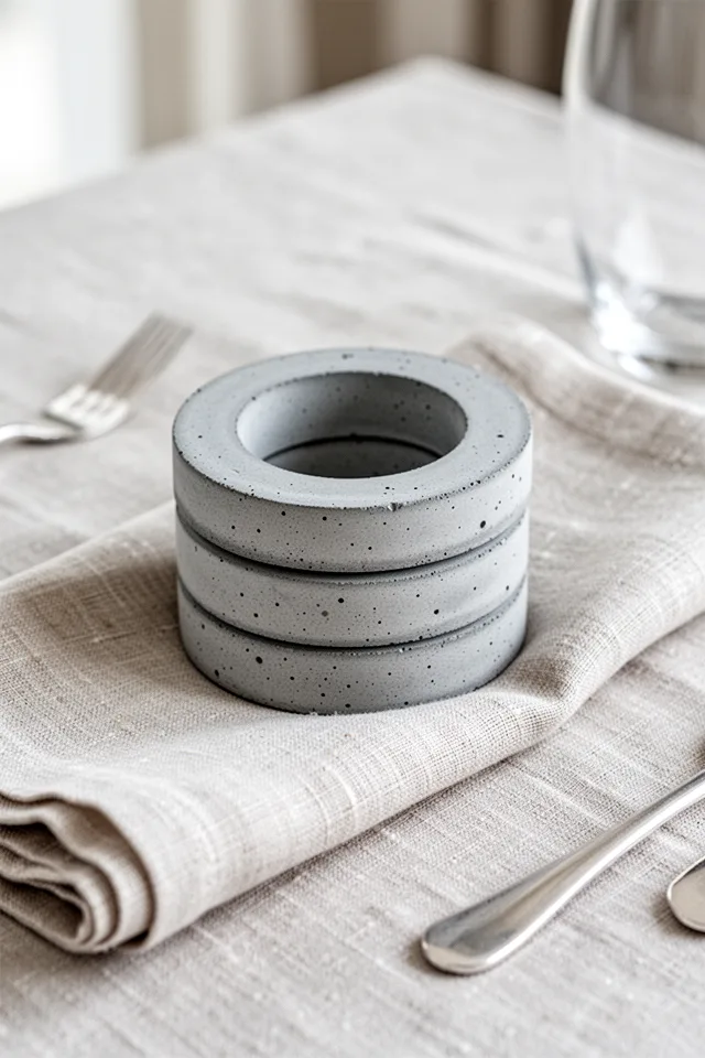 A stack of concrete napkin rings (1.5 inches diameter, 0.5 inch thick) on a linen napkin. The rings are smooth and pale gray. Soft daylight, minimalist table setting.