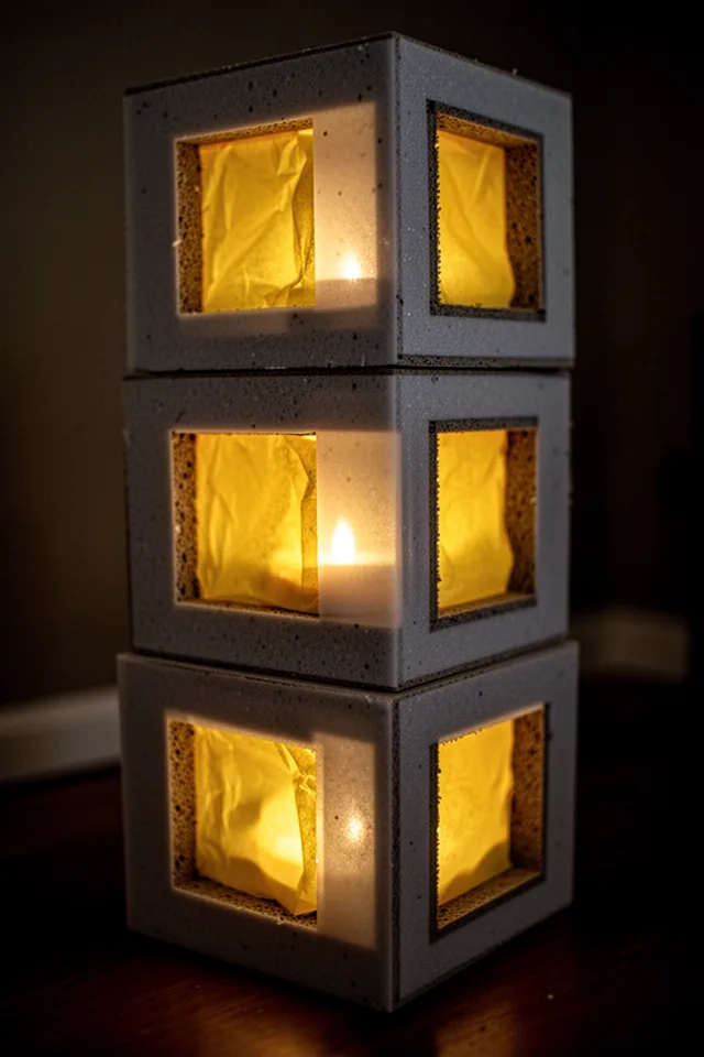A stack of foam core boards cut into 12-inch squares, each square having a rectangular hole cut in the center covered with yellow tissue paper. A battery-operated tea light sits behind each hole, creating a glowing window effect. The blocks are stacked like building blocks. Dark room, warm glow.