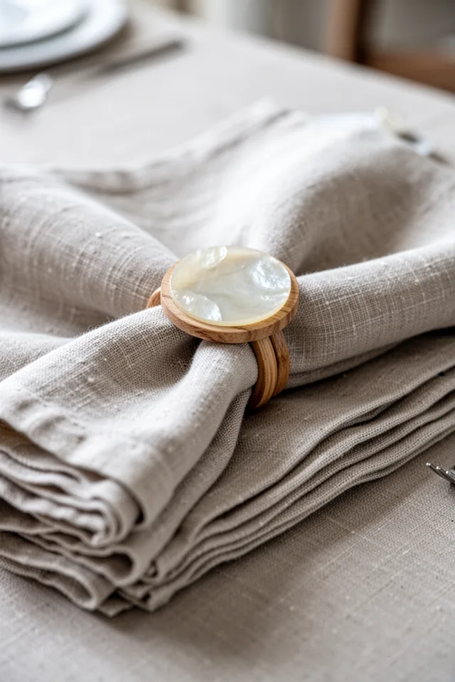 16 Capiz Shell Decor Ideas For A Dreamy Coastal Summer A stack of linen napkins, each secured with a simple napkin ring made of a small capiz disc glued to a wooden ring. The shells are pale cream. Soft daylight, neutral table setting. The focus is on the subtle texture of the shells.
