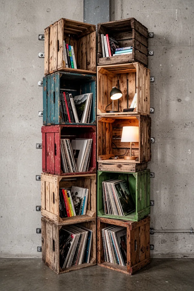 A stack of mismatched wooden crates arranged corner-wise from floor to ceiling, bolted together and to the wall. Each crate is a different size and colour—some painted, some raw. The crates hold books, records, and a small lamp. The effect is like a tower of random storage, but it feels curated because the colours are limited to earth tones. Slightly industrial loft aesthetic. Photo taken straight on, showing the vertical line and the variety of crate sizes.