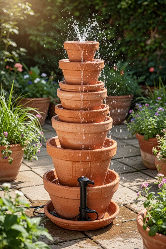 A stack of terra cotta pots decreasing in size, assembled into a tower with a small fountain pump in the base. Water trickles from the top pot down through the lower pots. Sunny patio, splashing water, lush plants around.
