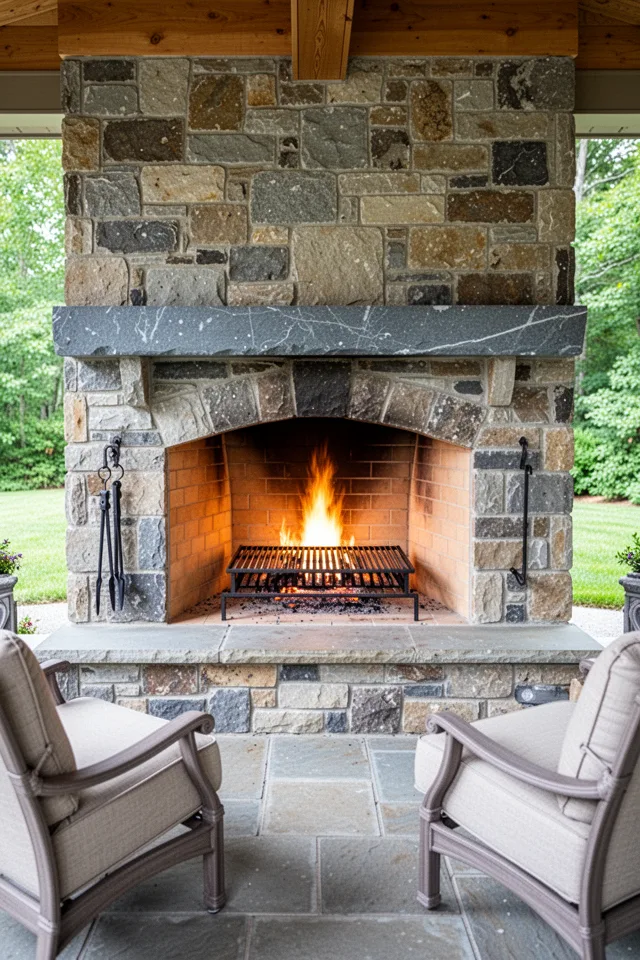 A stone fireplace on a covered patio has a wide firebox. Inside, instead of a standard grate, a heavy steel grill grate sits about 6 inches above the firebrick floor. The mantel above is a slab of bluestone. Two armchairs face the fireplace. A pair of tongs hangs from a hook on the side.