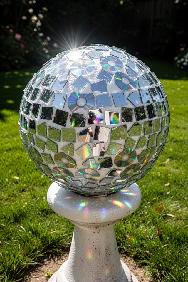 A styrofoam ball covered in small pieces of broken CD, creating a disco-ball effect. The ball sits on a pedestal in a garden, reflecting sunlight in rainbow patterns. Bright midday sun, green grass background.