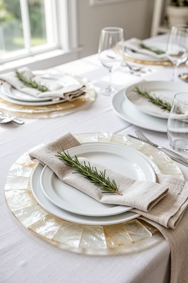 16 Capiz Shell Decor Ideas For A Dreamy Coastal Summer A summer tablescape with capiz shell charger plates under white dinner plates. The capiz chargers are pale gold and translucent, catching light from a window. A linen napkin and a sprig of rosemary sit on each setting. Soft, bright daylight.