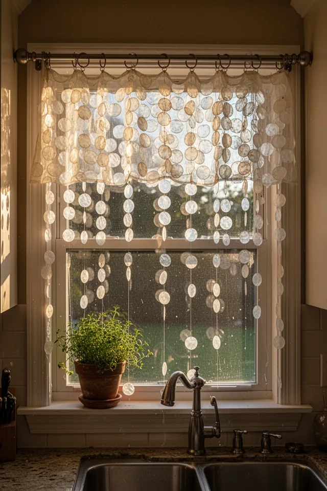 16 Capiz Shell Decor Ideas For A Dreamy Coastal Summer A sunny kitchen window with a valance made of capiz shell discs strung on clear fishing line and hung from a tension rod using shower curtain rings. The shells catch the morning light, casting soft shadows. A potted herb sits on the sill. Warm, golden hour lighting.