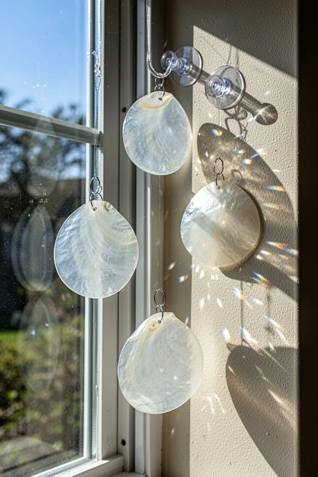 16 Capiz Shell Decor Ideas For A Dreamy Coastal Summer A sunny window with three capiz shell suncatchers hanging at different heights. Each suncatcher is a single large capiz shell (about 3 inches) with a small drilled hole, hung on a clear suction cup hook. Prisms of light scatter on the wall behind.