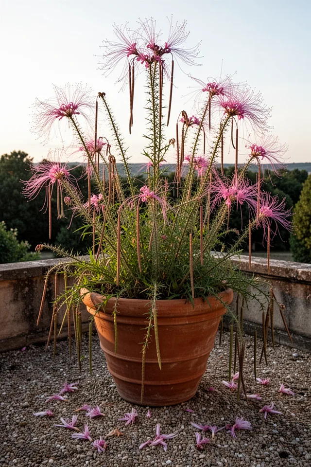 16 Container Gardening Flowers That Bloom All Season A tall, airy plant with pink spider-like flower heads and long, thin seedpods. The stems are spiny. The pot is a large, deep terracotta urn on a gravel terrace. The flowers have delicate stamens that extend outward. Late afternoon light, a few petals have fallen on the gravel. The overall look is wild but structured.