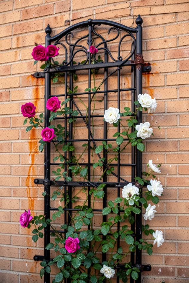 A tall black wrought iron trellis attached to a warm brick wall. Climbing roses weave through the lattice, with blooms in deep pink and white. The iron has slight surface rust on the welds, not on the main bars. The brick behind shows faint orange traces where water runs off the iron. Early morning light catches dew on the leaves.