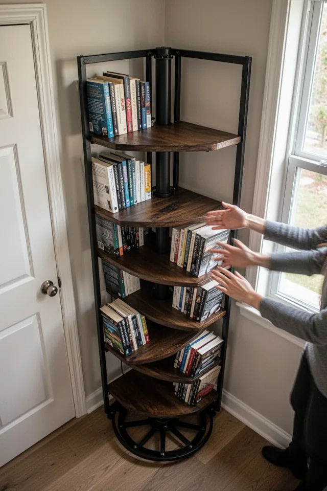 A tall, narrow corner shelf unit that spins on a central lazy Susan bearing. The unit is made of black metal and dark wood, with three shelves that are roughly triangular. A person