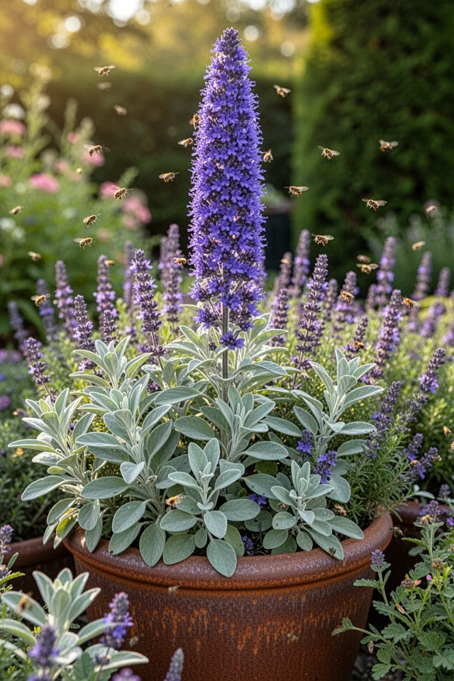 16 Container Gardening Flowers That Bloom All Season A tall stemmed purple-blue spike rising above a cluster of other container plants. The leaves are soft, silvery-green, and opposite. The flower spike is dense with tiny tubular blooms. The pot is a rust-colored ceramic that picks up the purple tones. Late summer sun, bees all around.