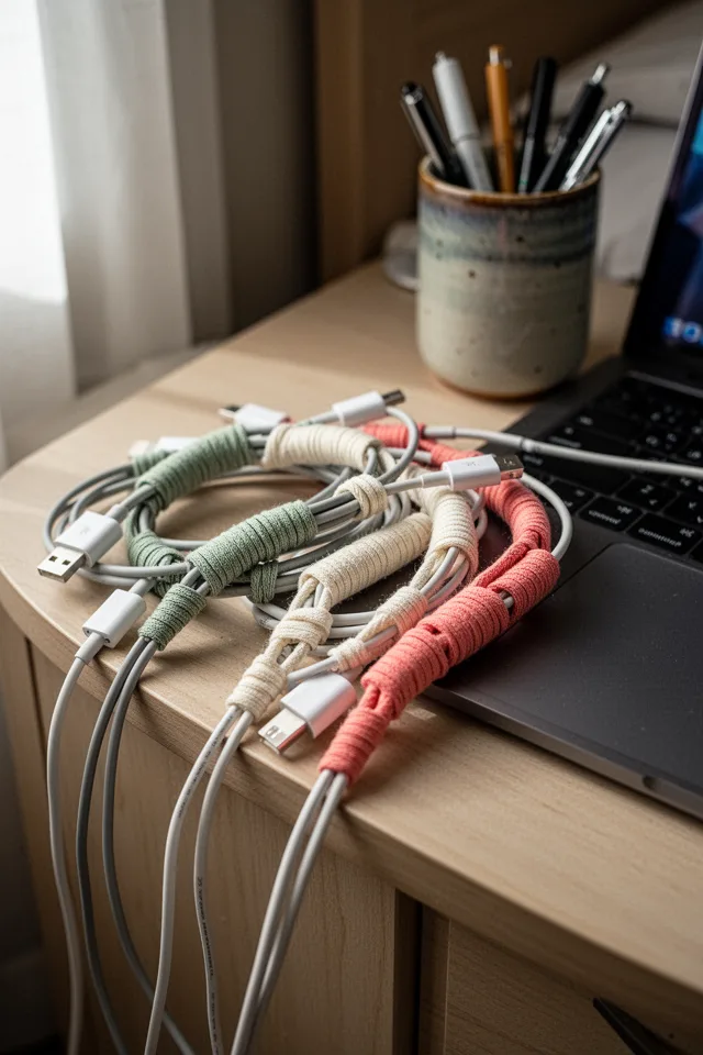 A tangle of phone charger cords and laptop cables on a nightstand, each wrapped in a different color of thin cotton fabric tape—sage, cream, and coral. The wrapping is slightly uneven, hand-done. Morning light, a ceramic cup of pens nearby.