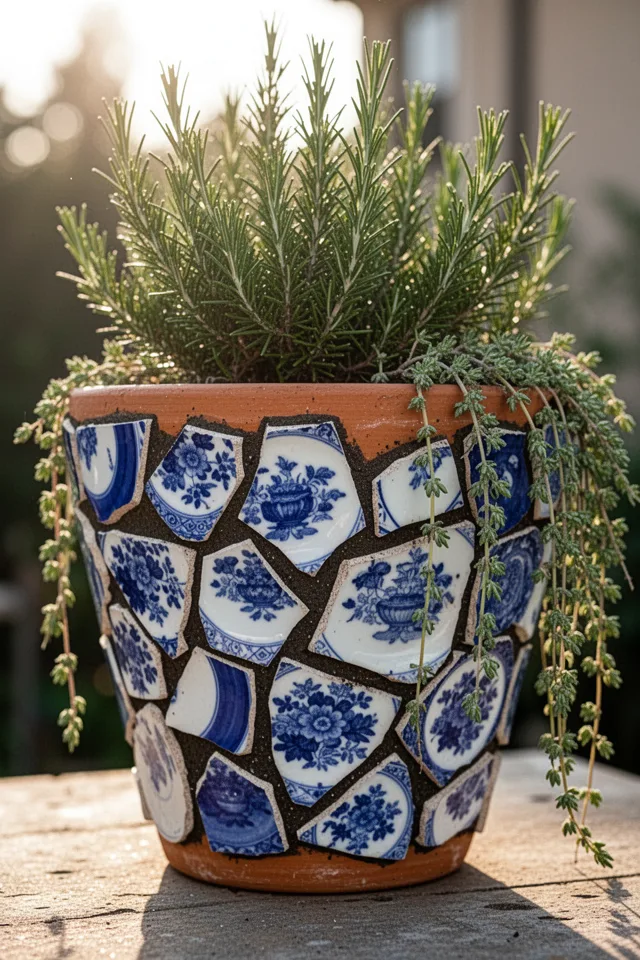A terra cotta pot covered in a mosaic of broken blue-and-white china pieces. The pieces are arranged in a loose pattern, with dark grout between them. Morning sun, the pot holding a trailing rosemary plant.