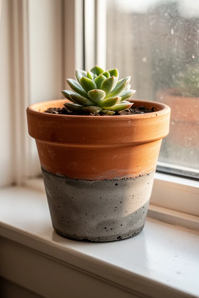 A terra cotta pot with the bottom half dipped in gray concrete, creating a two-tone effect. The concrete is smooth, the terra cotta above is natural. A small succulent inside. The pot sits on a windowsill. Morning light.