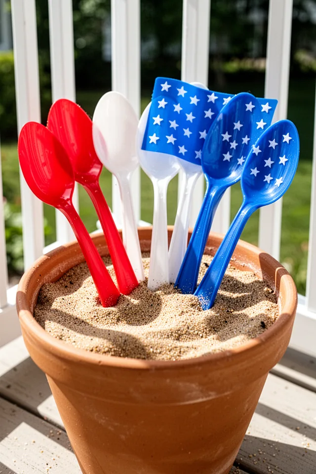 A terracotta flower pot filled with sand, with red, white, and blue plastic spoons arranged in a fan shape to look like a flag. The spoons are planted handle-down, with the spoon bowls forming stripes and a blue field with white spoons as stars. Bright sunlight, white porch railing behind.