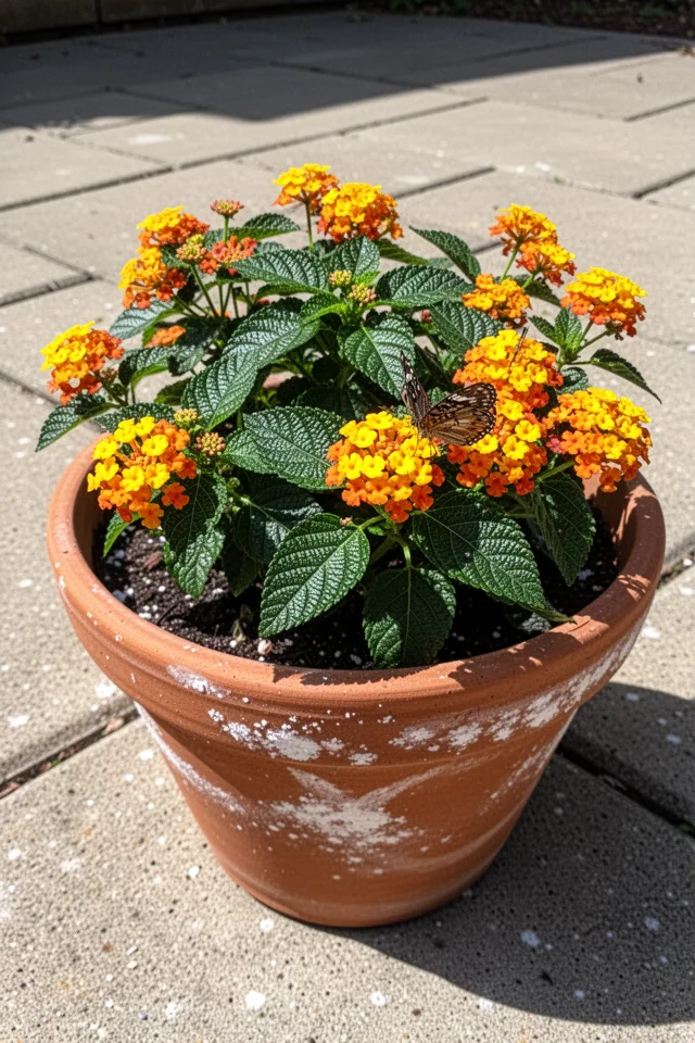 16 Container Gardening Flowers That Bloom All Season A terracotta pot on a hot concrete patio. Lantana flowers in clusters of yellow and orange, with dark green textured leaves that have a slight sheen. The petals are small, tubular, tightly packed. A butterfly lands on one cluster. The pot shows white salt deposits from hard water. The sun is harsh, no shade anywhere.