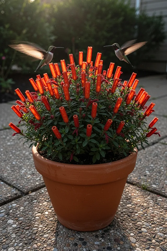 16 Container Gardening Flowers That Bloom All Season A terracotta pot with deep orange-red tubular flowers resembling glowing little cigars. The plant is bushy, about 12 inches tall, with small dark green leaves. A hummingbird hovers nearby. The pot sits on a gravel patio, late afternoon sunlight, a bit of wind moving the foliage.