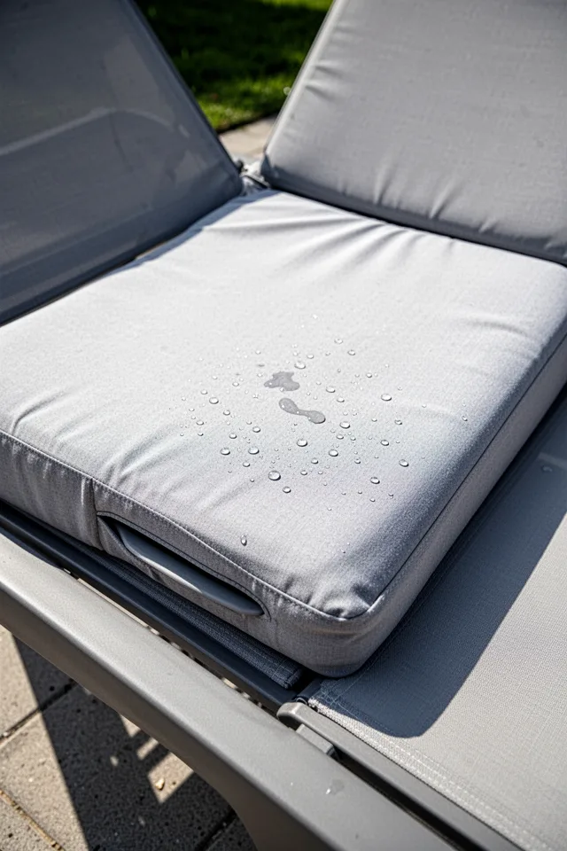 18 Cozy Patio Ideas To Enjoy This Summer A thick outdoor cushion, pale grey, lying on a lounge chair. The cushion has a visible slot or channel on the bottom for drainage. A few water droplets bead on the surface. Midday sun, the foam looks dry. Shot from above, showing the texture of the fabric.