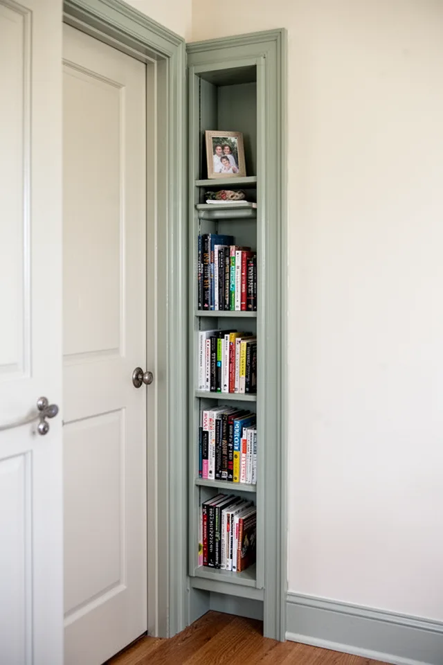 A tight corner next to a doorway, filled with a slim custom bookshelf that is only eight inches deep. The shelf is painted the same colour as the trim, with books arranged spine-out. The top shelf holds a small framed photo. The shelf is so shallow it doesn