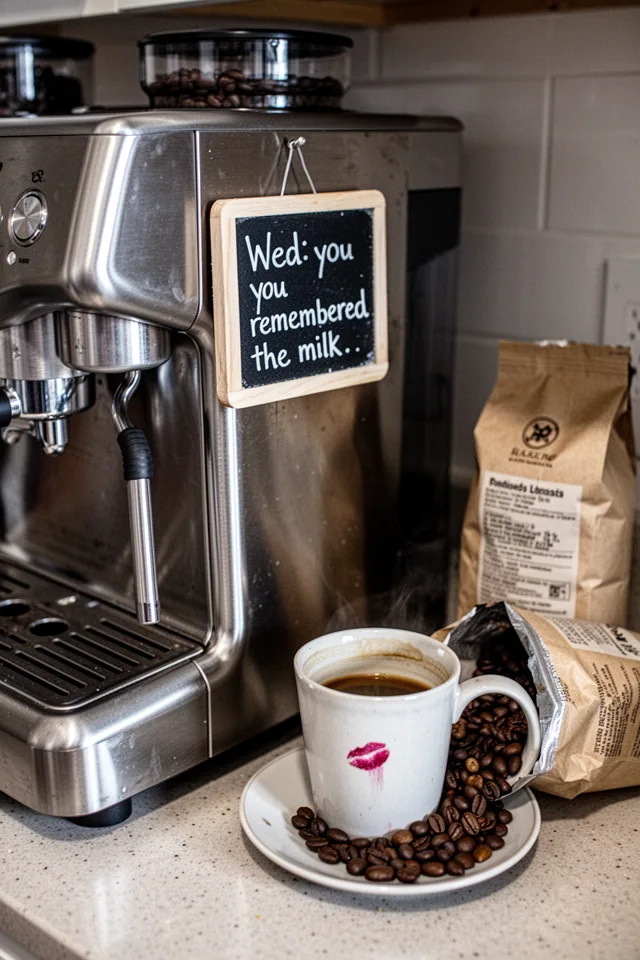 A tiny 4x6 inch magnetic chalkboard stuck to the side of a stainless steel espresso machine. It reads "Wed: you remembered the milk." A coffee mug with a lipstick smudge sits on a saucer next to a half-open bag of beans. Morning kitchen light, slightly harsh but honest.