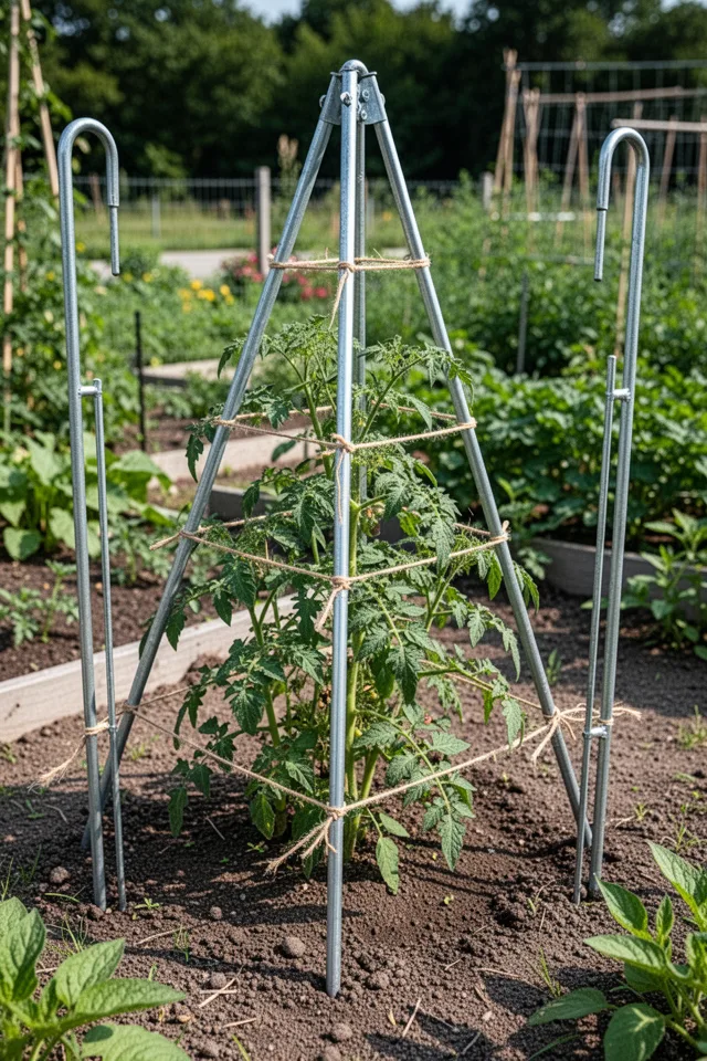 A tomato plant surrounded by three 4-foot metal fencing stakes driven into the ground at 120-degree angles. Twine is looped around the stakes at three heights, creating a triangular cage. The plant grows within the triangle. Sunny garden, no other structures.