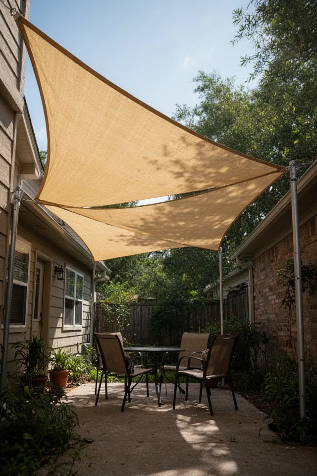18 Cozy Patio Ideas To Enjoy This Summer A triangular shade sail in pale beige stretched over a small patio. One corner attached to a house, the other two on adjustable poles. Late morning, dappled light underneath, a couple of chairs in the shadow. The fabric has a slight sag, not taut. Shot from below, showing the sail’s curve. Real, not perfect.