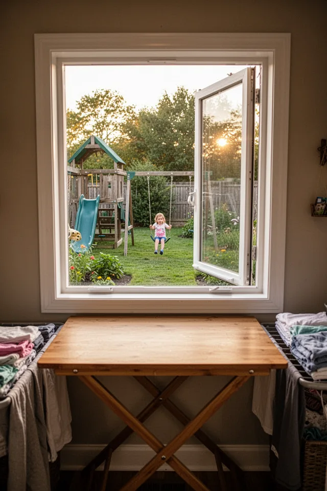 A view from inside the mudroom: a large square window, low enough to see out while standing. Through the window, a backyard with a playset and a small garden. A child is on the swing. Inside the room, a wooden folding counter is directly in front of the window, so you can fold laundry while looking out. The window frame is white, the window is open slightly, letting in a breeze. The light is golden afternoon. The scene feels connected to the outdoors. Shot from behind the folding counter, looking through the window.