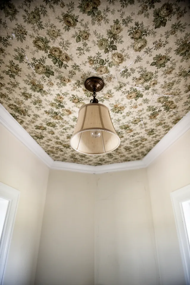 A view looking up at a bathroom ceiling covered in a vintage floral wallpaper — muted greens, faded roses, a cream background. The pattern is small-scale and dense. The walls are painted a soft off-white. A vintage light fixture with a fabric shade hangs from the center. The crown molding is painted white. The light is soft, diffused, and hits the wallpaper