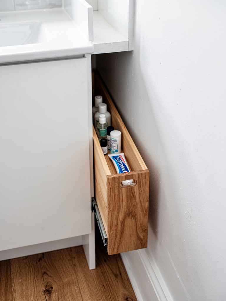 A view of a narrow gap between a bathroom vanity and the wall. A slim wooden pull-out drawer, about 4 inches wide, slides out from the gap. The drawer is fully extended, showing small bottles and a tube of toothpaste inside. The drawer face has a small cutout handle. The walls are white, the floor is wood. Natural light, editorial style.