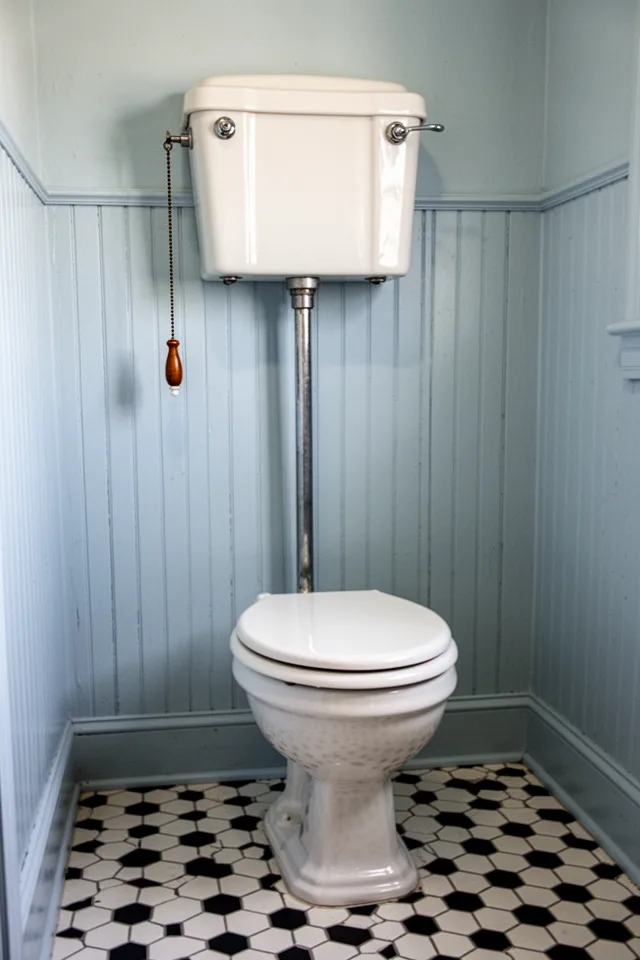 A vintage high-tank pull-chain toilet in a small bathroom. The tank is mounted high on the wall, connected to the bowl by a long pipe. The chain has a wooden or porcelain handle. The toilet bowl is a classic rounded shape in white vitreous china. The floor is black and white hexagon tile. The wall behind the tank is beadboard painted pale blue. The room is quiet, clean, and without clutter.