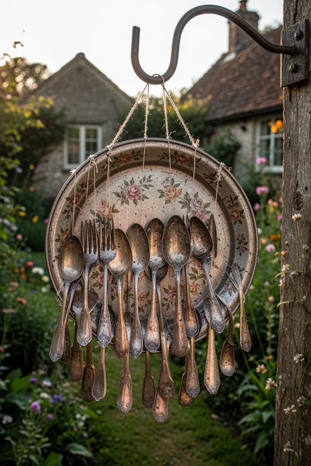 A vintage metal tray hanging from a shepherds hook, with old silverware hanging around the edge on fishing line. The silverware is tarnished, catching light. The tray has a floral pattern. Afternoon sun, cottage garden background.