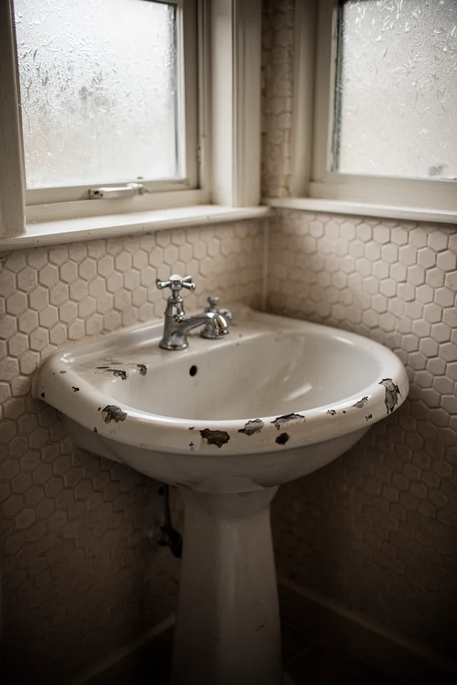 A vintage porcelain pedestal sink with visible chip markings along the rim, sitting in a small bathroom with daylight from a frosted window. The faucet is a simple cross-handle design in polished nickel. The wall behind it is covered in small hexagon tiles in a pale warm white. The sink