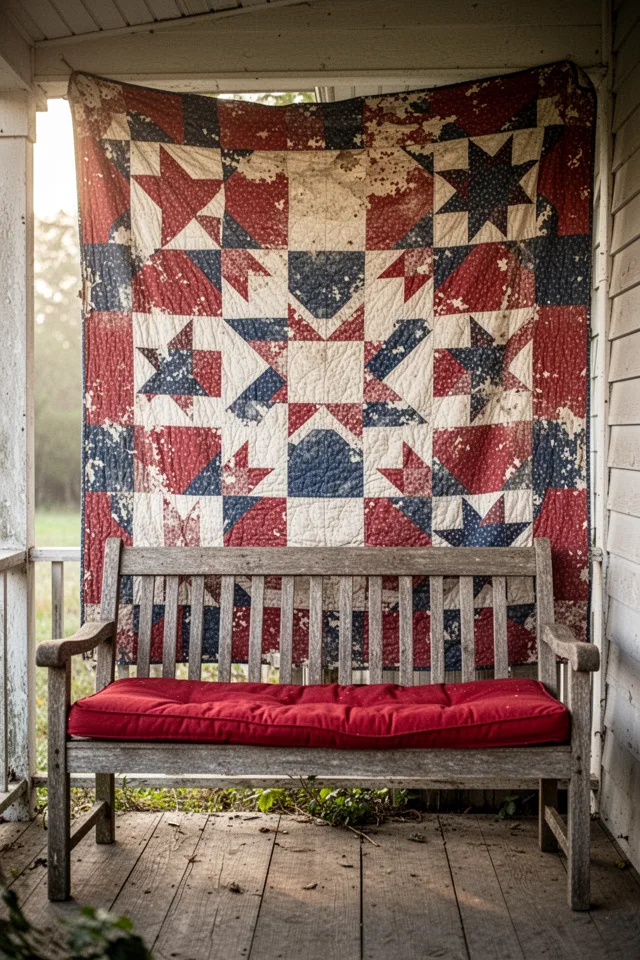 A vintage red, white, and blue patchwork quilt hung as a backdrop behind a porch bench. The quilt is faded and slightly worn, with a star pattern. A wooden bench with a red cushion sits in front. Soft morning light, rustic setting.