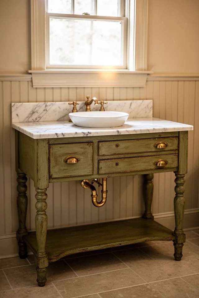 A vintage wooden sideboard with turned legs, painted a faded olive green, sitting in a bathroom with a marble countertop cut into its top. A small vessel sink sits on the counter, with exposed brass P-trap beneath. The sideboard