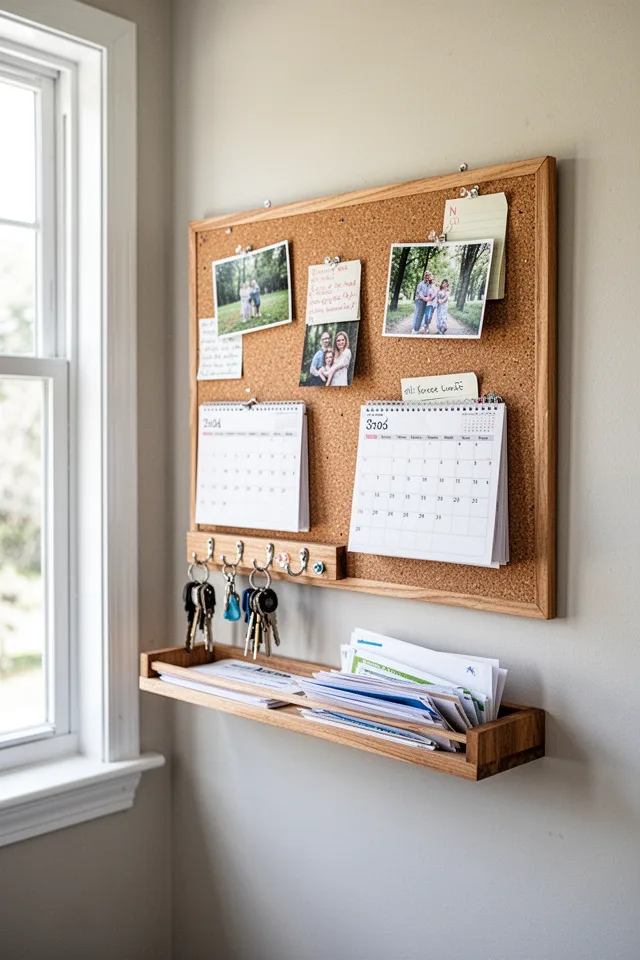 A wall-mounted command center with a cork board, a small calendar, a set of hooks for keys, and a narrow shelf for mail. The cork board has a few photos and reminders pinned. Natural light from a nearby window. Clean, slightly lived-in. No people.