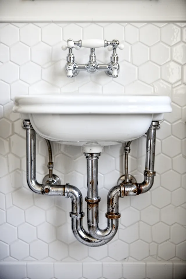 A wall-mounted vintage porcelain sink with exposed chrome P-trap and supply lines. The pipes are polished chrome, slightly tarnished near the joints. The sink is a simple oval shape with a rolled front edge. The wall behind it is covered in white hexagonal tiles. The faucet is a two-handle bridge design with porcelain cross handles. The pipes are arranged symmetrically and deliberately. The image is sharp on the metal, soft on the room.